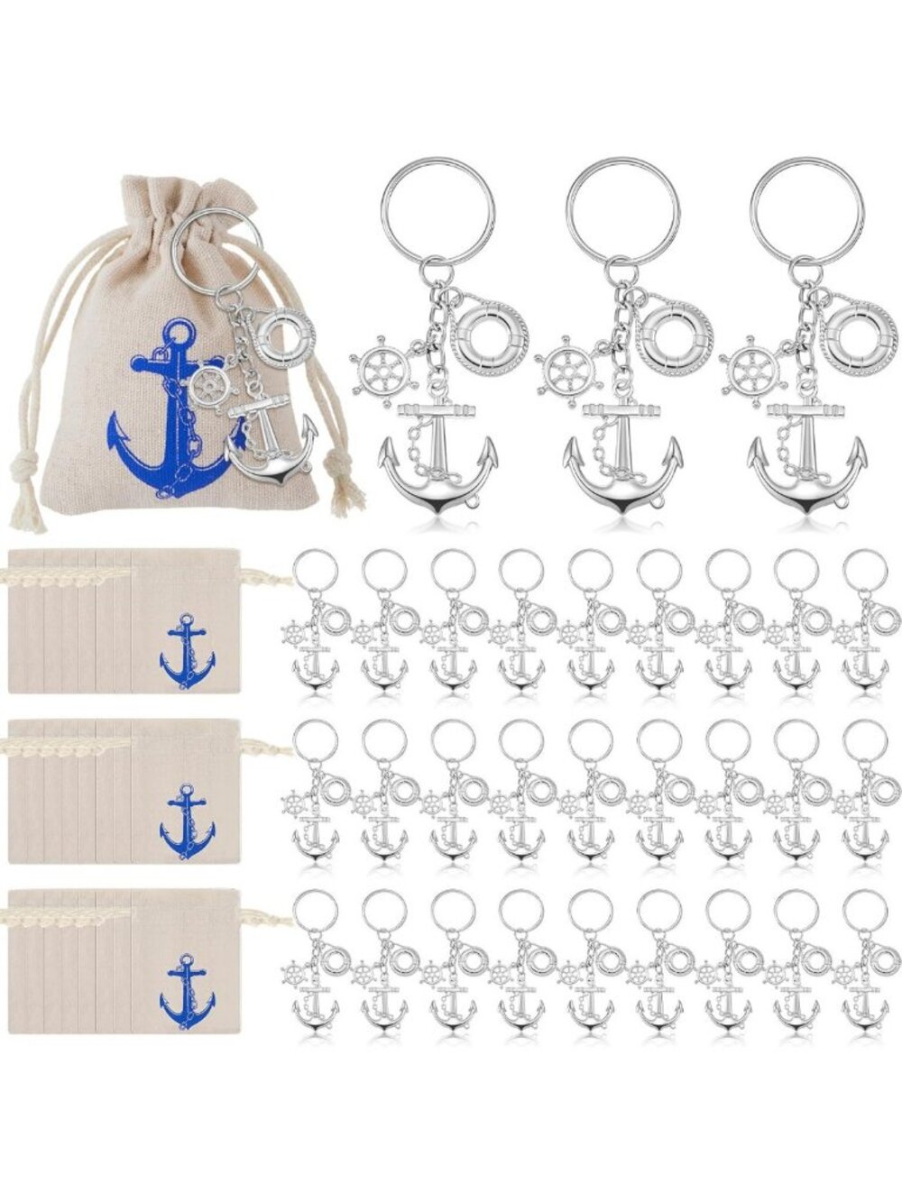 30 Sets Silver Anchor Keychains with Bags - Perfect for Party Favors & Gifts